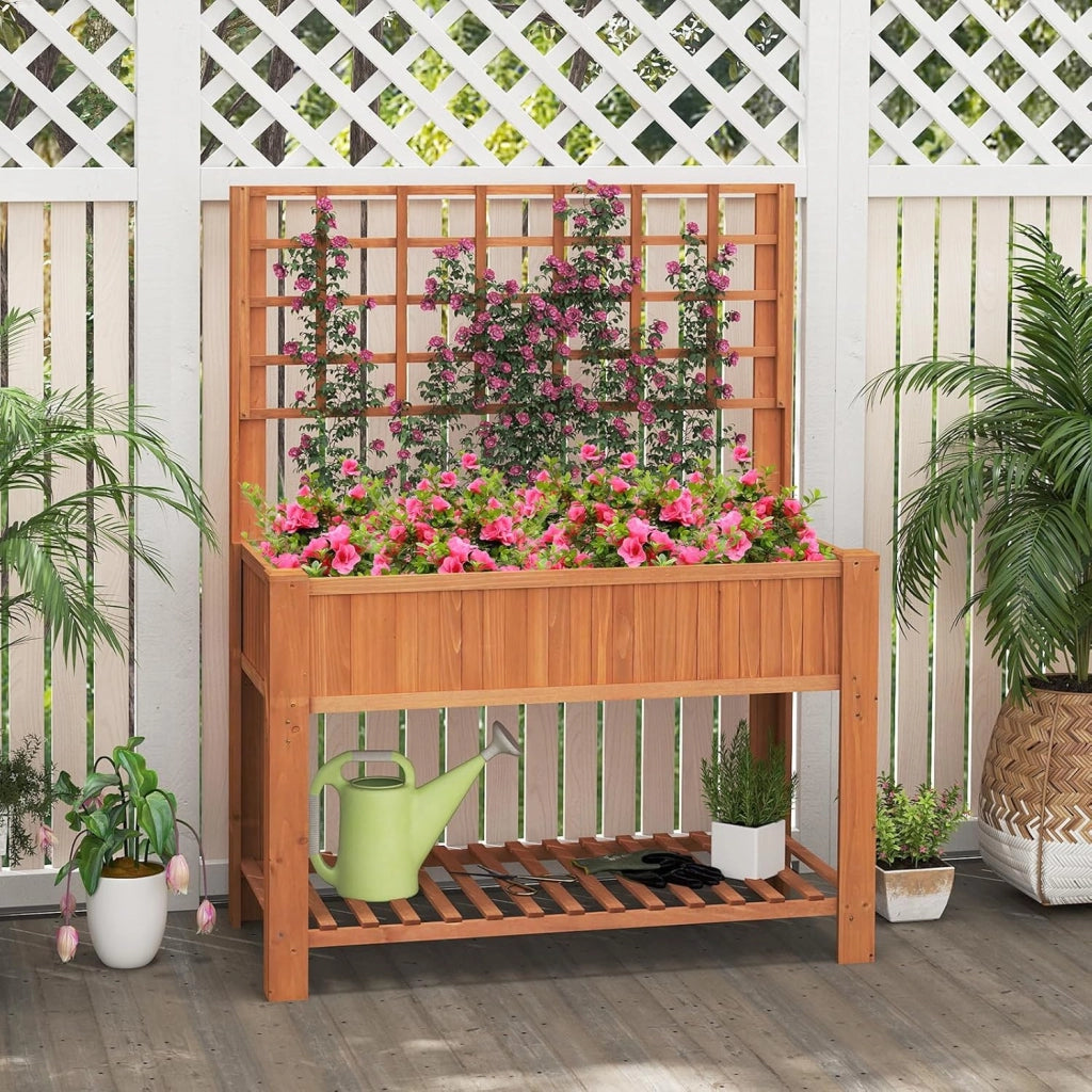 Letto da Giardino Rialzato, Fioriera Elevata con Traliccio, Mensola di Stoccaggio e Fori di Drenaggio, Orto Rialzato per Cortile, Giardino e Patio, 116 x 59 x 150 cm (Marrone)