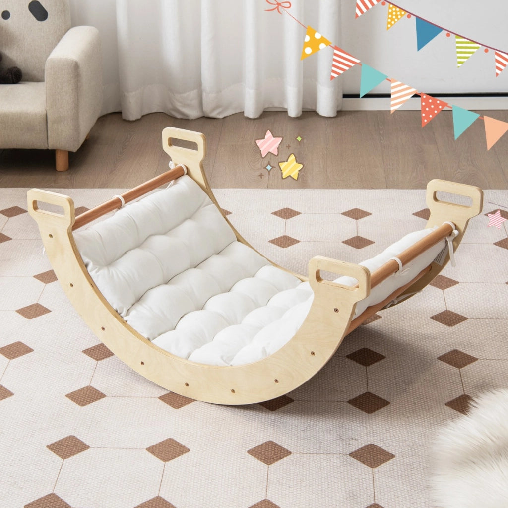 Parco giochi 6-in-1 per bambini 1+ anni in legno e dondolo ad arco 2 in 1-Palestra in legno e arco di arrampicata a doppia faccia