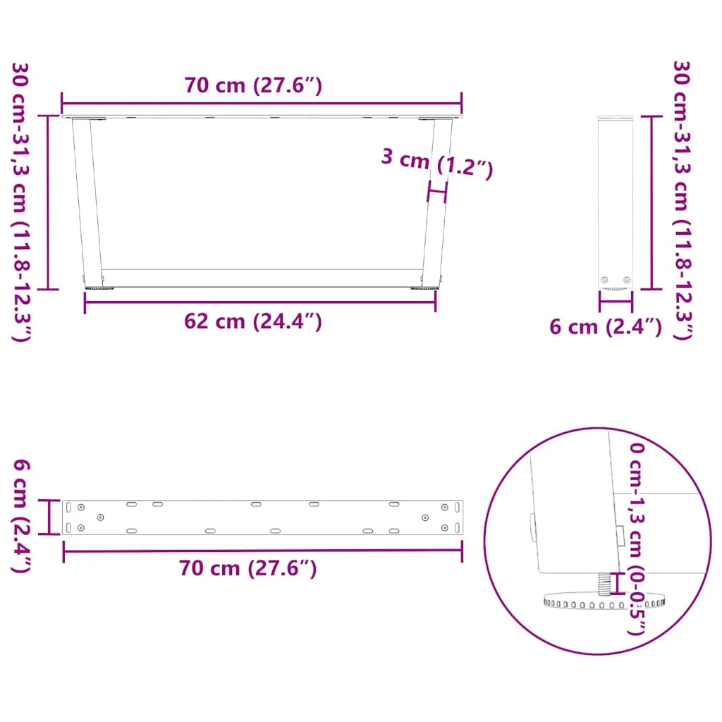 Set di 2 gambe per tavolino a V 70 x 30-31 cm con piedini regolabili design contemporaneo acciaio bianco 02_0056905