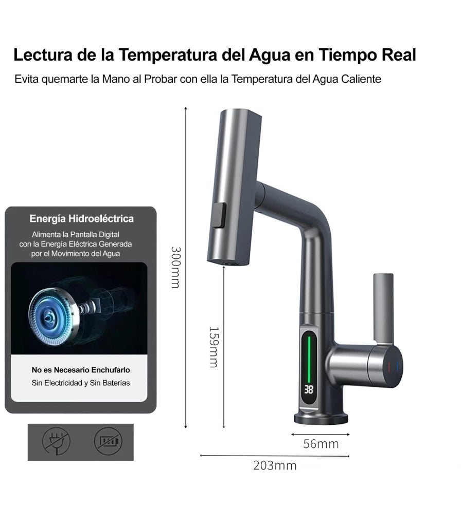 Rubinetto Lavandino Display LED Temperatura LH-189 | Lega | Estraibile 3 modi | Altezza regolabile per Lavare Testa