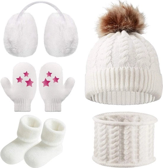 Accessori invernali per bambini | Cappello caldo, sciarpa, auricolari, guanti e calze - Bianco, Dimensione unica