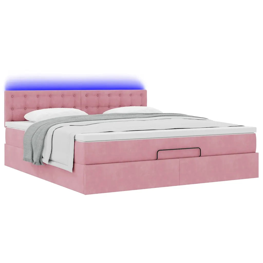 Pouf Letto con Materasso e LED Rosa 180x200cm in Velluto