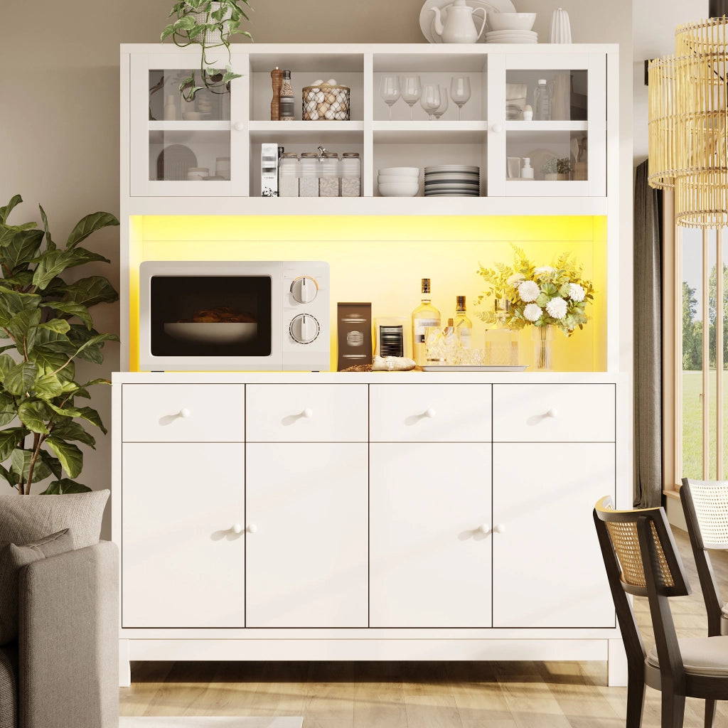 Credenza alta con LED RGB e ante in vetro 4 cassetti ripiani regolabili in MDF bianco 140 × 38,5 × 180 cm
