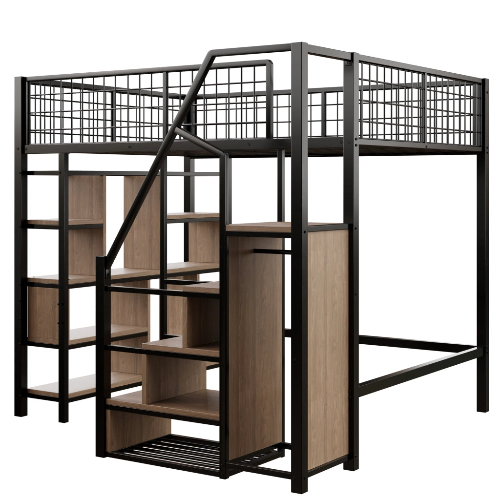 OKWISH Letto a Soppalco 140×200 cm, Letto Matrimoniale con Scala Contenitore, Ripiani e Vani, senza Materasso, Metallo e Legno, Nero
