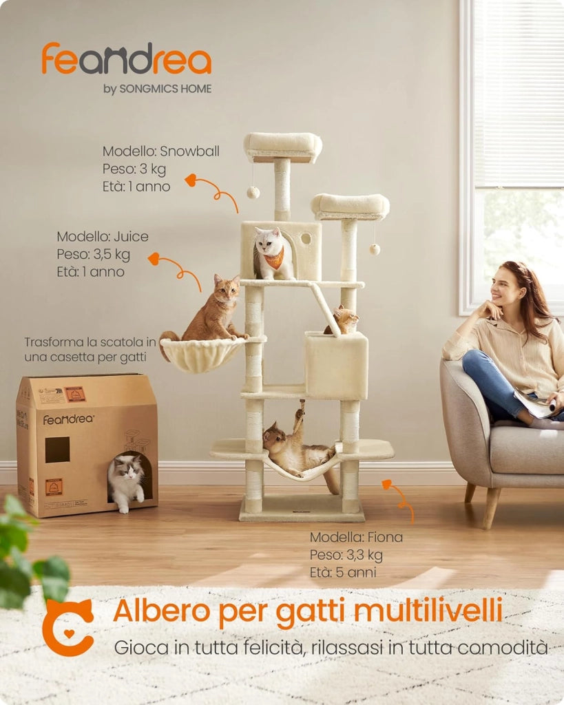 Feandrea Albero per Gatti, Alto 168 cm, Tiragraffi per Gatti con 13 Graffiatoi, 2 Posatoi, 2 Grotte, Cesto, Amaca, Pompon, in Peluche a Più Livelli per Interno, Beige PCT165M01V1