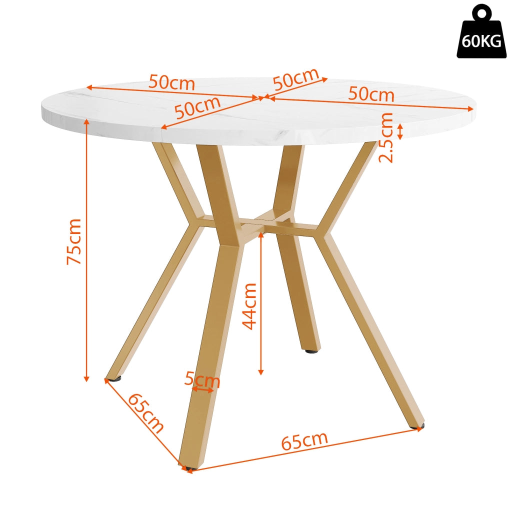 Tavolo da pranzo rotondo 100 cm con effetto marmo bianco e struttura in metallo dorato