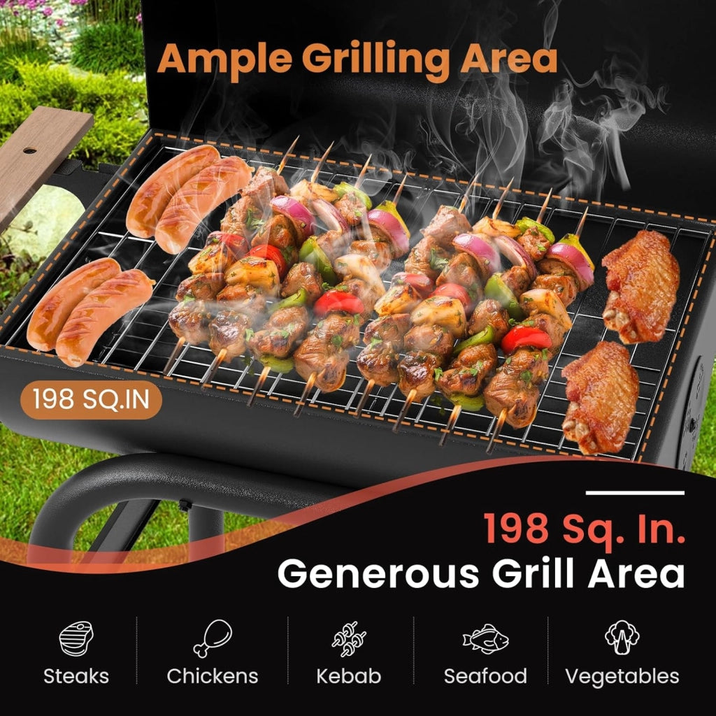 Barbecue a carbonella con tavoli laterali pieghevoli e ruote, carrello barbecue con termometro integrato e vano portaoggetti, barbecue a fumo da esterno