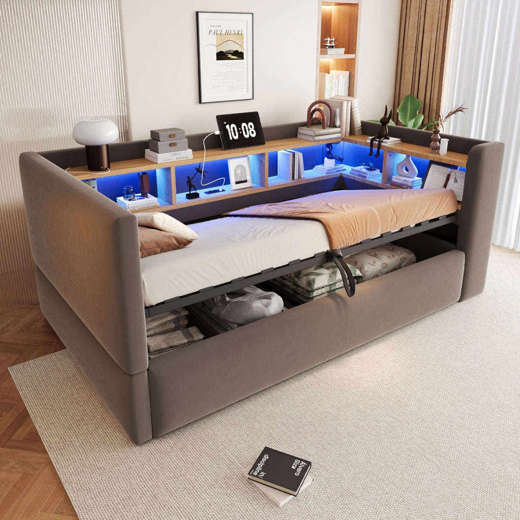 Divano letto imbottito 90x190 cm con vano contenitore idraulico, LED e prese, grigio scuro
