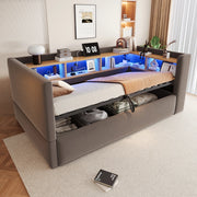 Divano letto imbottito 90x190 cm con vano contenitore idraulico, LED e prese, grigio scuro