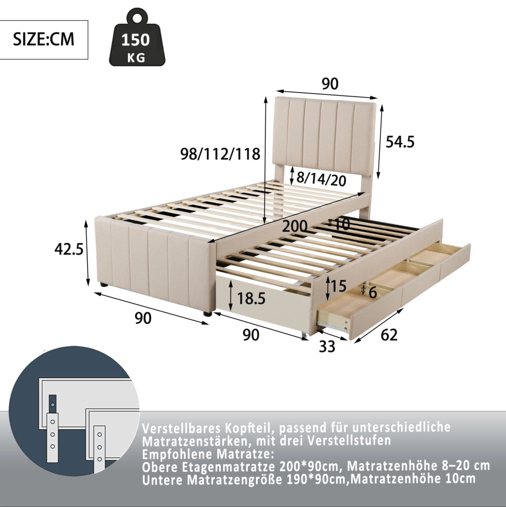 Letto imbottito singolo con letto estraibile e 3 cassetti 90x200 cm; beige