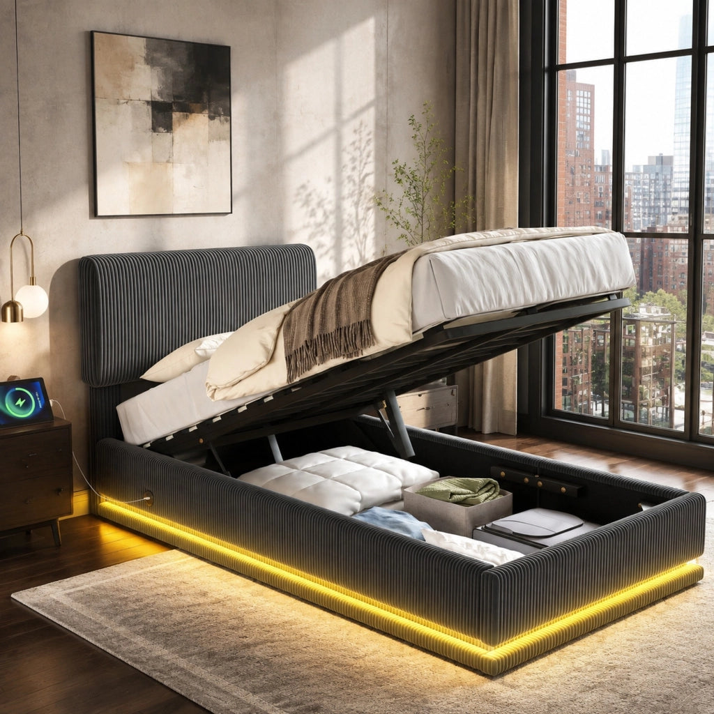 Letto imbottito 90x200 cm grigio scuro in velluto a coste con LED e USB-C