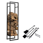 IDMarket - Leñero vertical de acero negro con estante y accesorios H. 170 cm para chimeneas