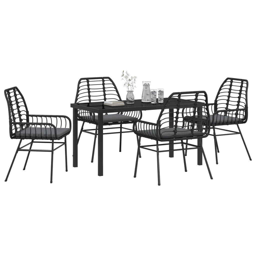 Set da Pranzo Giardino 5 Pezzi con Cuscini Nero Polyrattan