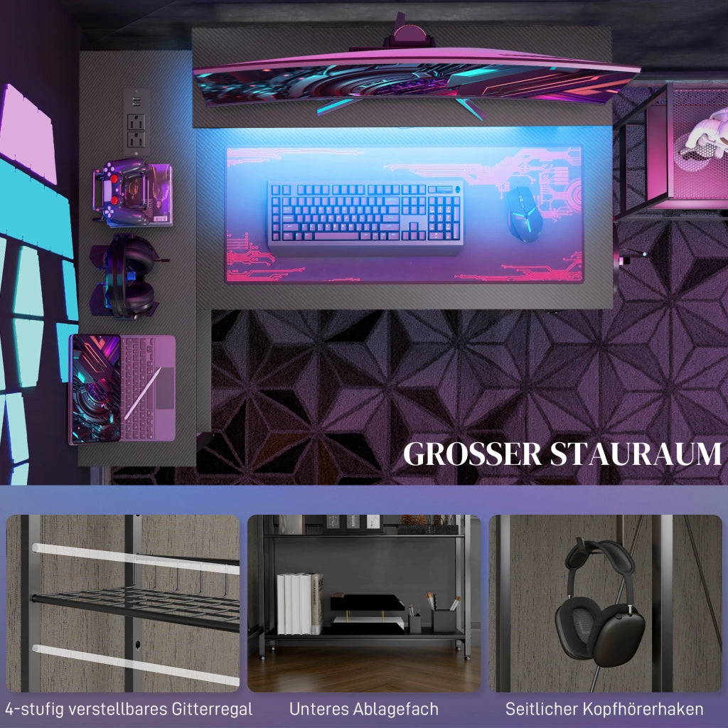 Scrivania angolare con LED, prese e USB ¨C Zephmum ¨C Nero, 107x80x90 cm