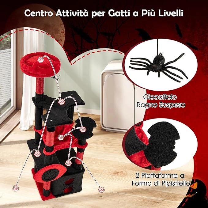 Tiragraffi per Gatto Alto 133 cm Stile Gotico Vampiro, Albero Tiragraffi Gatti con Pali a Corda in Juta, Amaca e Grotta, Cuccia Albero Gatto Rivestito con Giocattolo Ragno, Rosso e Nero