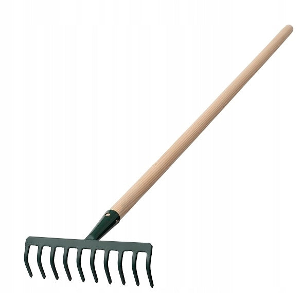 Rastrello per foglie KADAX, per terra ed erba, con manico in legno e 10 denti in metallo, 126 cm.