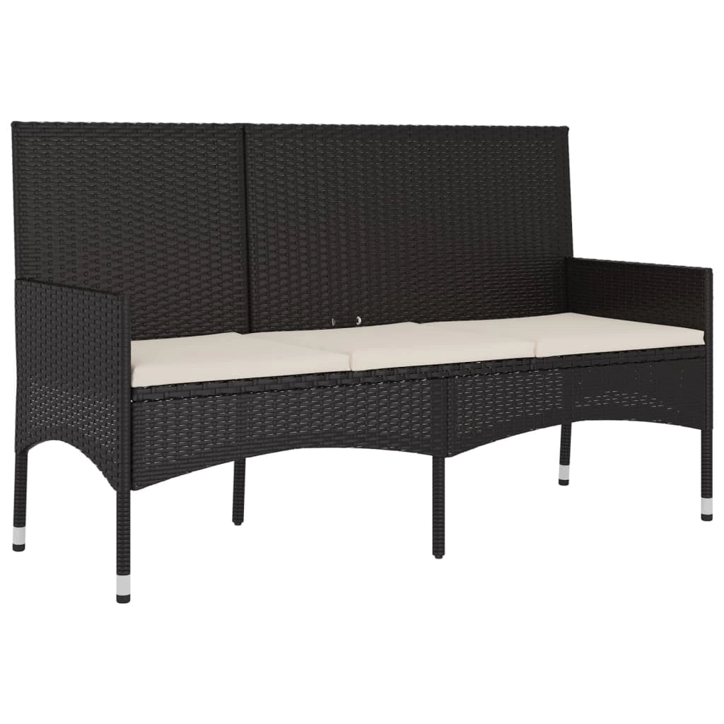 Panca da giardino mobile da giardino per esterni terrazza a 3 posti 140 x 51 x 85 cm con cuscini neri in resina intrecciata 02_0011792
