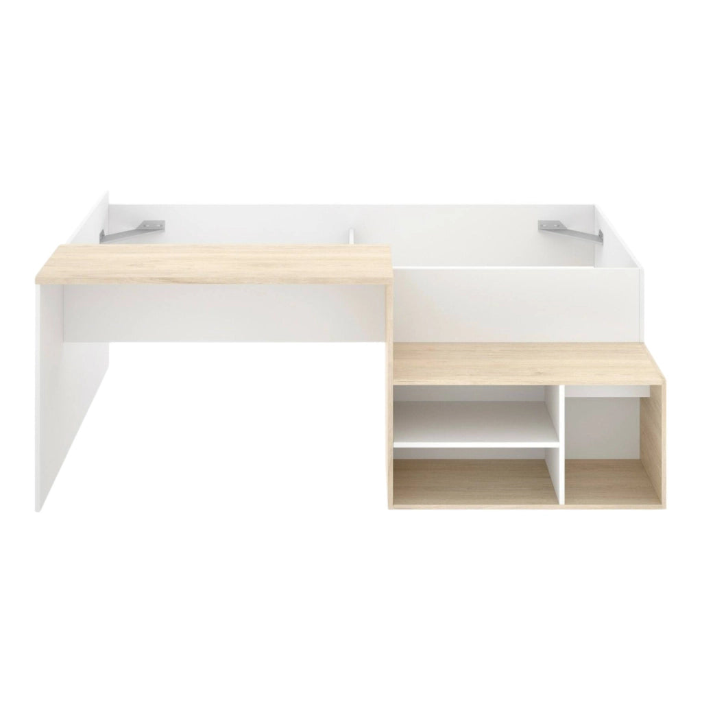 Letto per bambini Argh, Lettino singolo per cameretta, Set con scrivania e scaffali, 195x134h73 cm, Bianco e Rovere