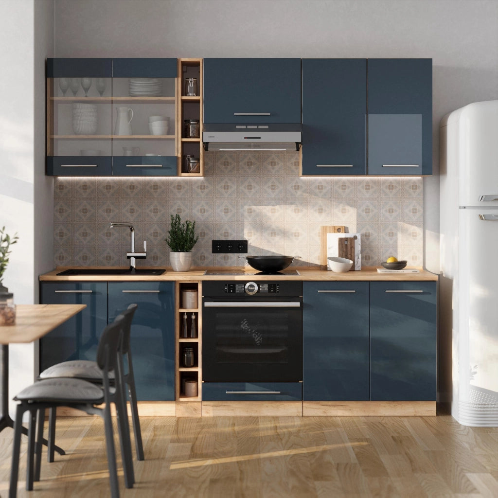 Cucina componibile Fame-Line Blu scuro lucido/Rovere dorato 235 cm, PL Rovere Vicco