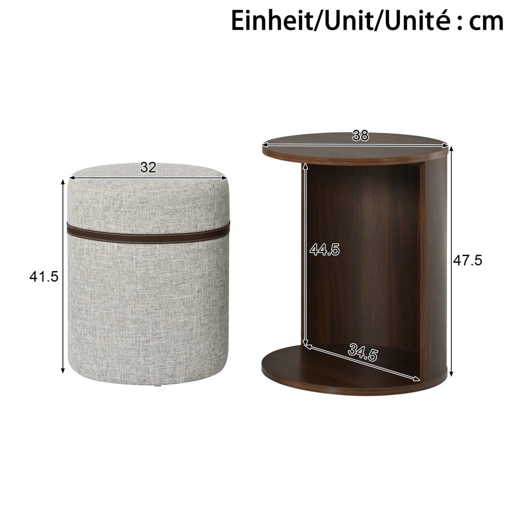 Tavolino rotondo con pouf integrato 38x38x47;5 cm in MDF e legno di pino; noce