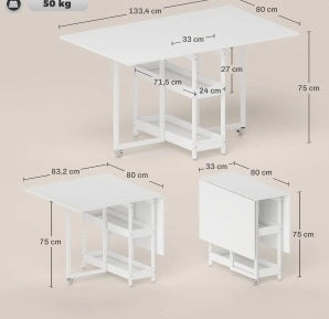 Tavolo da pranzo pieghevole 133.4x80x75 cm con due vani aperti in legno bianco