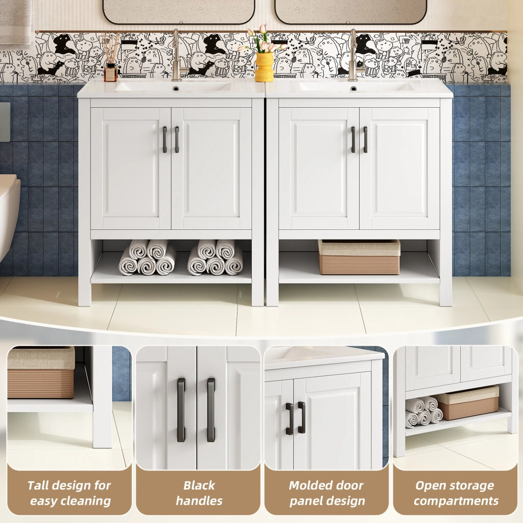 Mobile sottolavabo con lavabo in ceramica, 2 ante e vano aperto per bagno, bianco, 76,5 × 47 × 83 cm