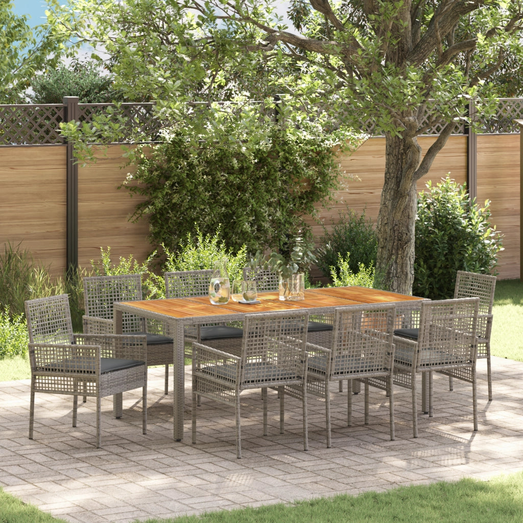 Set da Pranzo da Giardino 9 Pezzi con Cuscini Grigio Rattan Polimerico