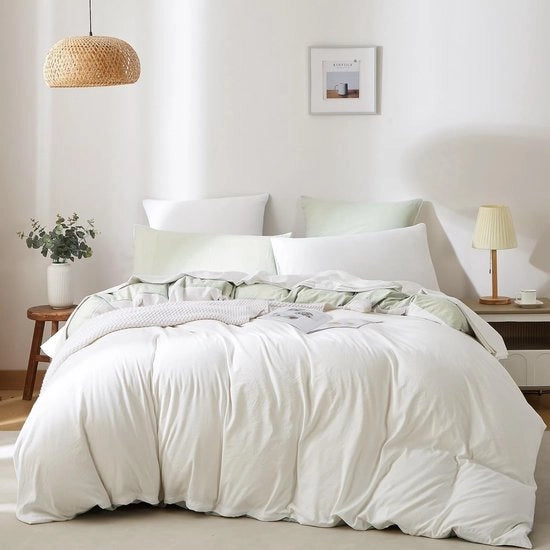 Set di lenzuola 135 x 200 cm, 4 pezzi, cotone, bianco, verde, a righe, reversibile, lenzuola di cotone, 2 coperte di protezione con chiusura a zip e 2 cuscini 80 x 80 cm.