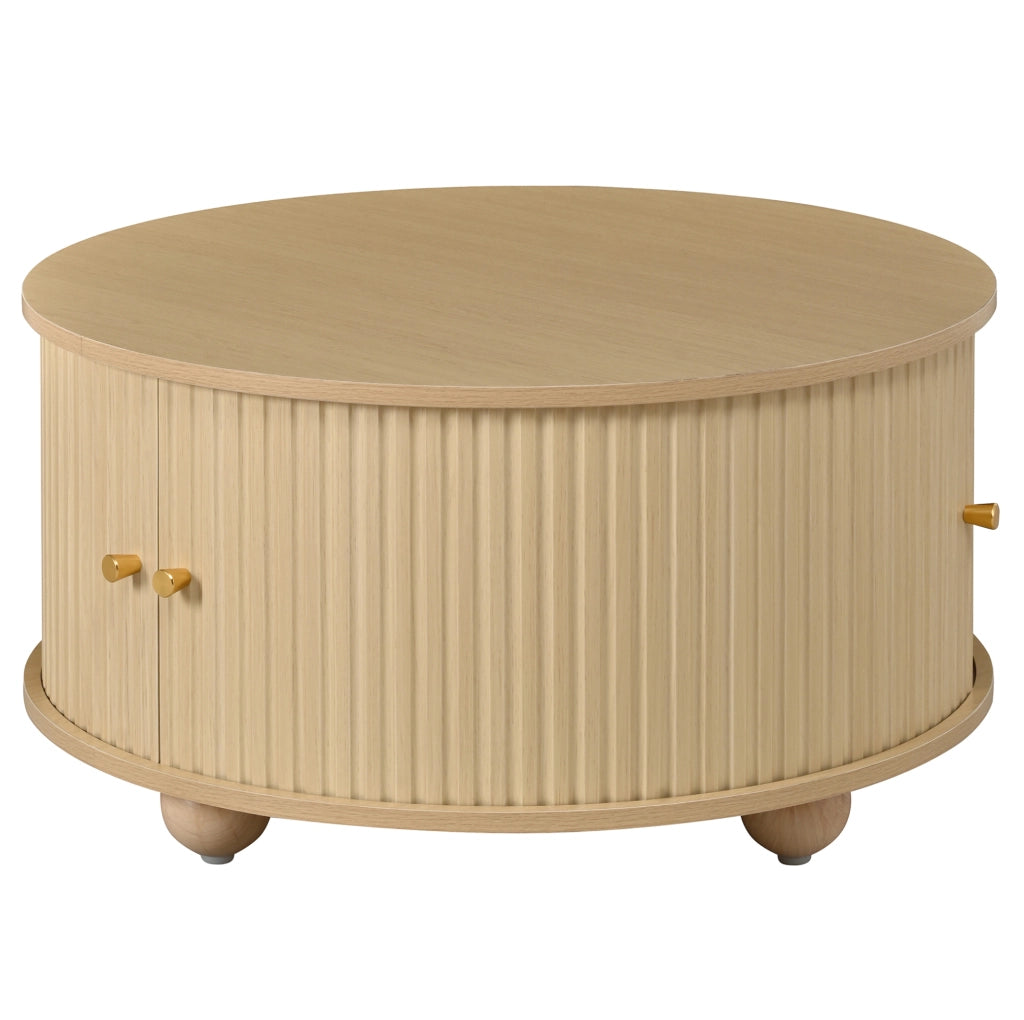 Tavolino da salotto rotondo 72x72x38 cm in MDF naturale con ante scorrevoli