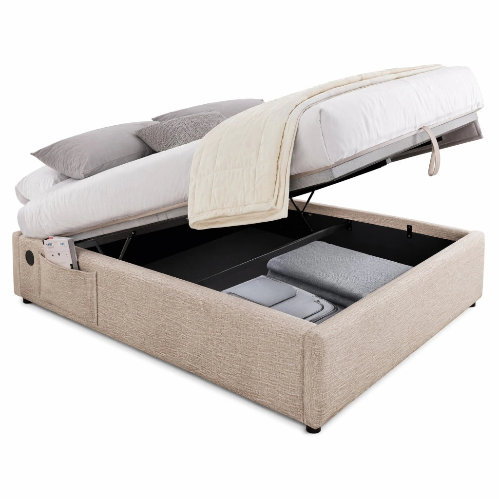 Letto contenitore imbottito 140x200 cm con porta USB/Type-C, rete in legno massiccio e struttura in lino naturale