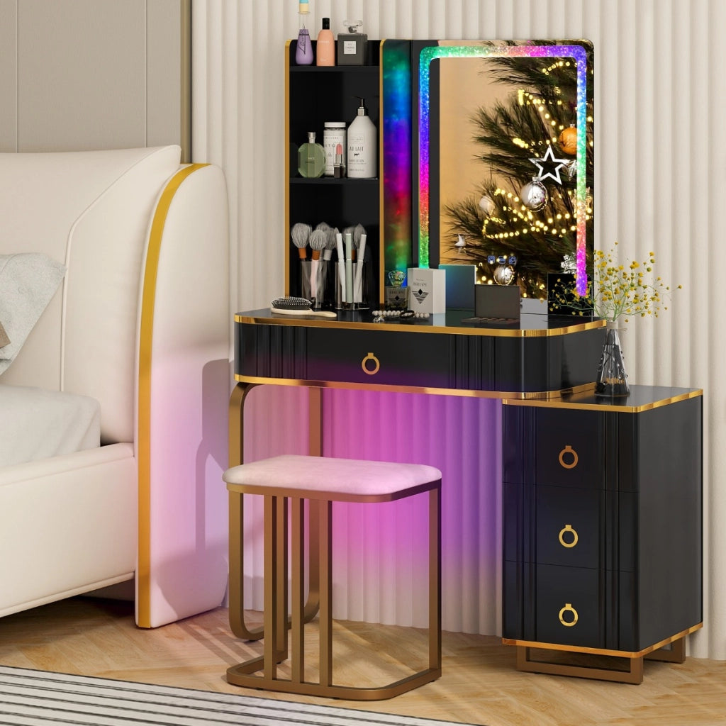 Toeletta da trucco RGB con specchio 7 luci LED dinamiche porte USB type-c e 4 cassetti, Tavolo da trucco Nero-Tavoli da trucco