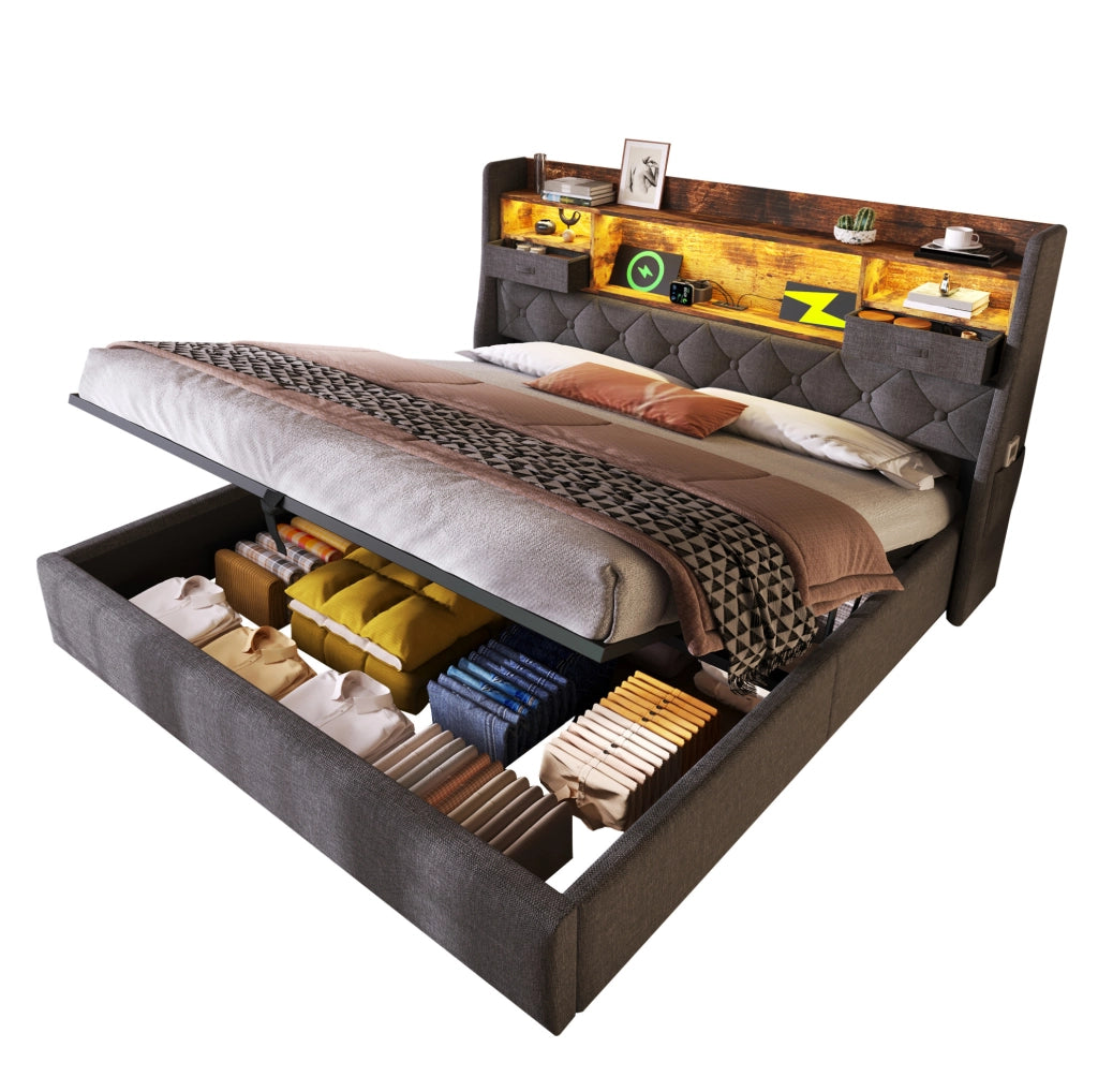 Letto matrimoniale imbottito 160x200 cm in lino grigio con contenitore; LED e presa USB/Type-C; con materasso