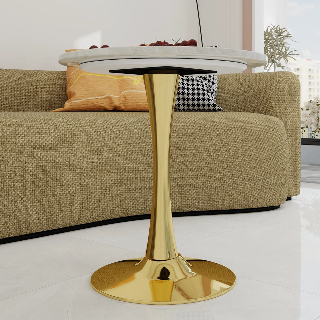 Tavolo da pranzo - rotondo 70 cm - stile mid-century - marmo venato bianco - per 2-4 persone - dorato