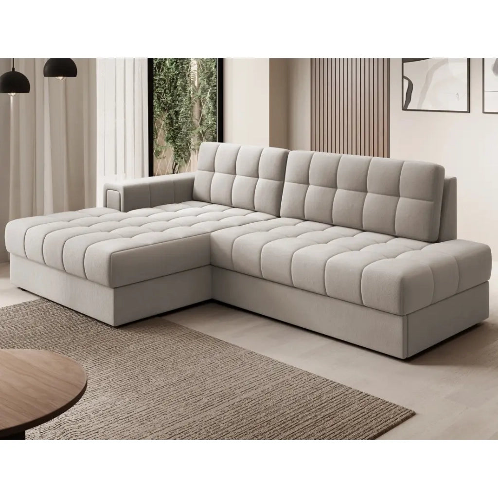 Divano angolare trasformabile CUBITO beige 240 cm con vano contenitore e letto
