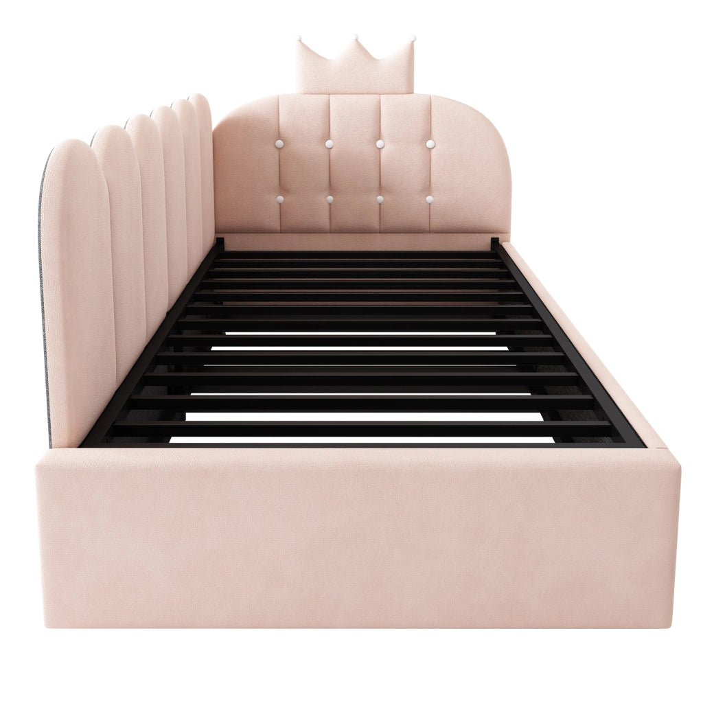 Letto per bambini 90x200 cm, testiera a forma di corona, con letto estraibile, in velluto, rosa