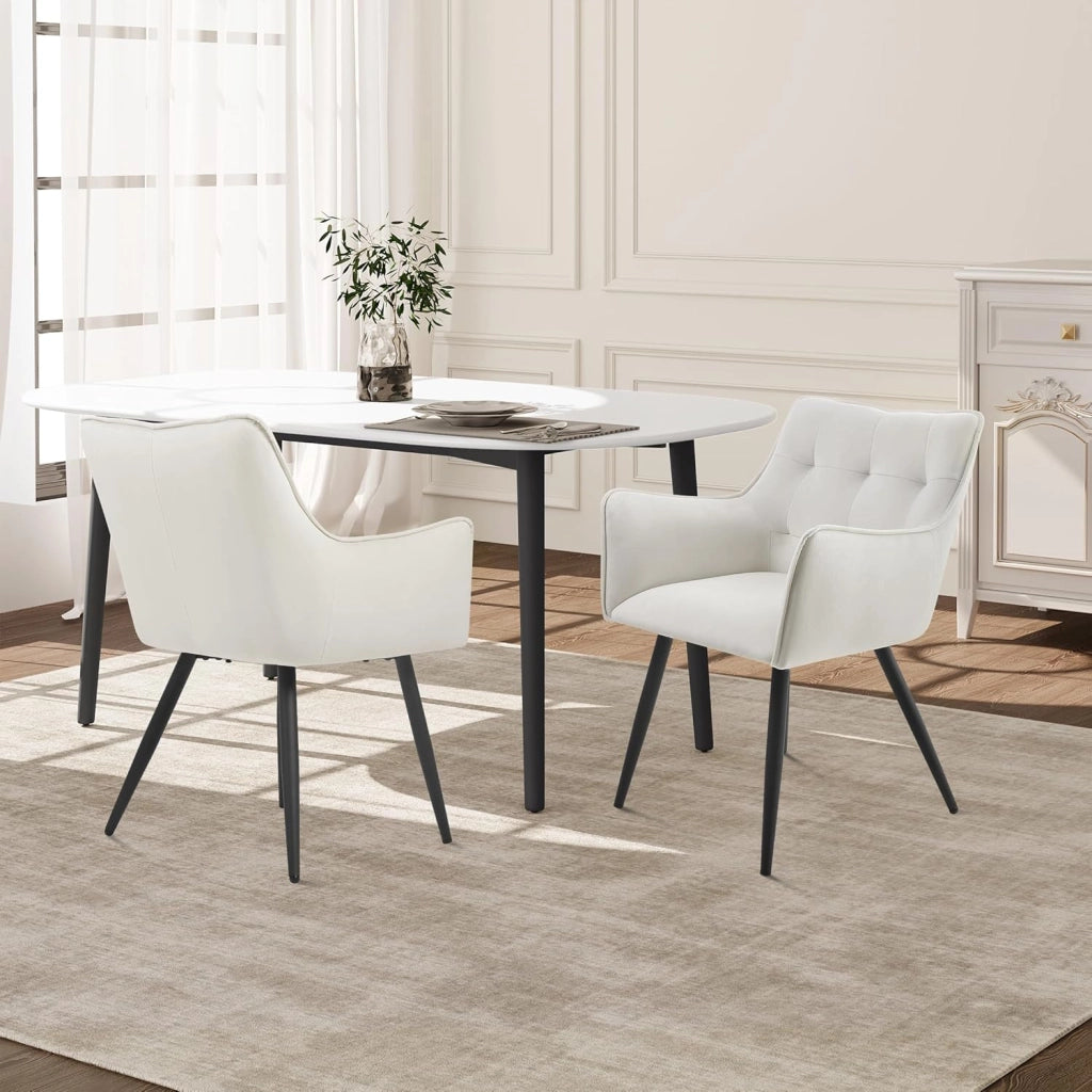 Sedia da Pranzo Moderna, Sedia da Cucina con Schienale e Braccioli, Poltroncina Imbottita con Gambe in Metallo, per Salotto, Ufficio e Cameretta, in Velluto, Crema, BH374cm-1