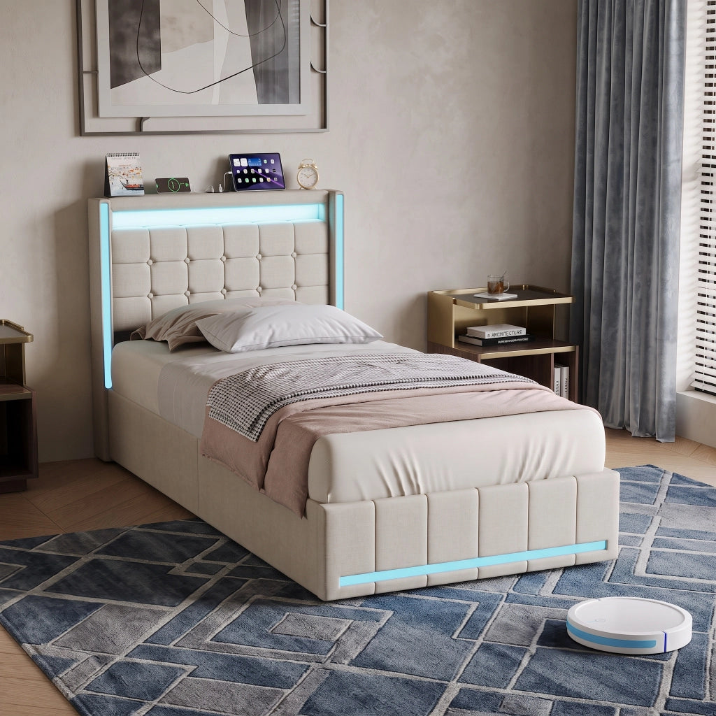 Letto singolo 90x200 cm con contenitore e LED  struttura letto con testiera e USB  letto contenitore in acciaio-beige