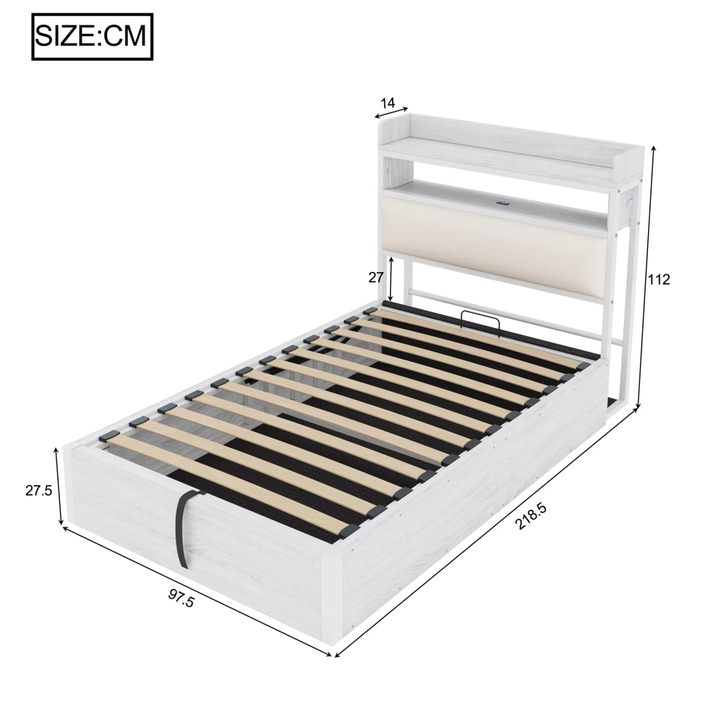 DESMIU Lit simple 90 × 200 cm con contenitore idraulico, USB e testiera con ripiano, senza materasso, bianco