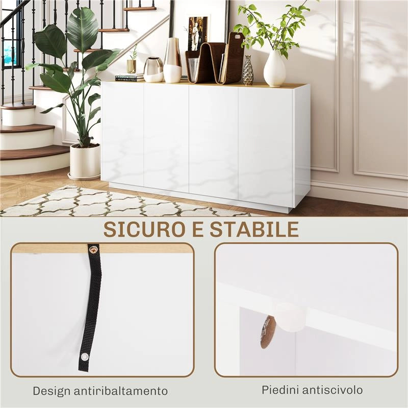 CREDENZA MODERNA CON ARMADIETTI A 2 ANTE CHIUSURA AMMORTIZZATA E RIPIANI REGOLABILI 140X40X75 CM BIANCO LUCIDO