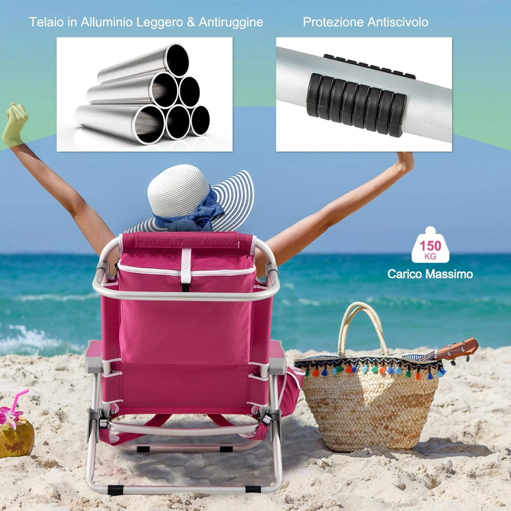 Sedia da Spiaggia, Sdraio Pieghevole a 5 Posizioni con Portabicchieri, Poltrona da Spiaggia con Cuscino per Testa e Zaino, Sedia da Campeggio Portatile, Portata 150 kg (Rosa,1)
