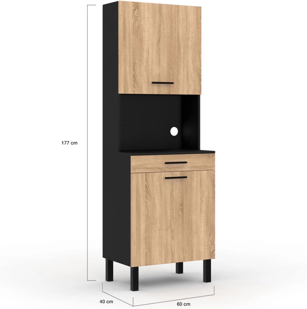 Comò da cucina CINA 60 CM 2 ante + cassetto look nero e faggio