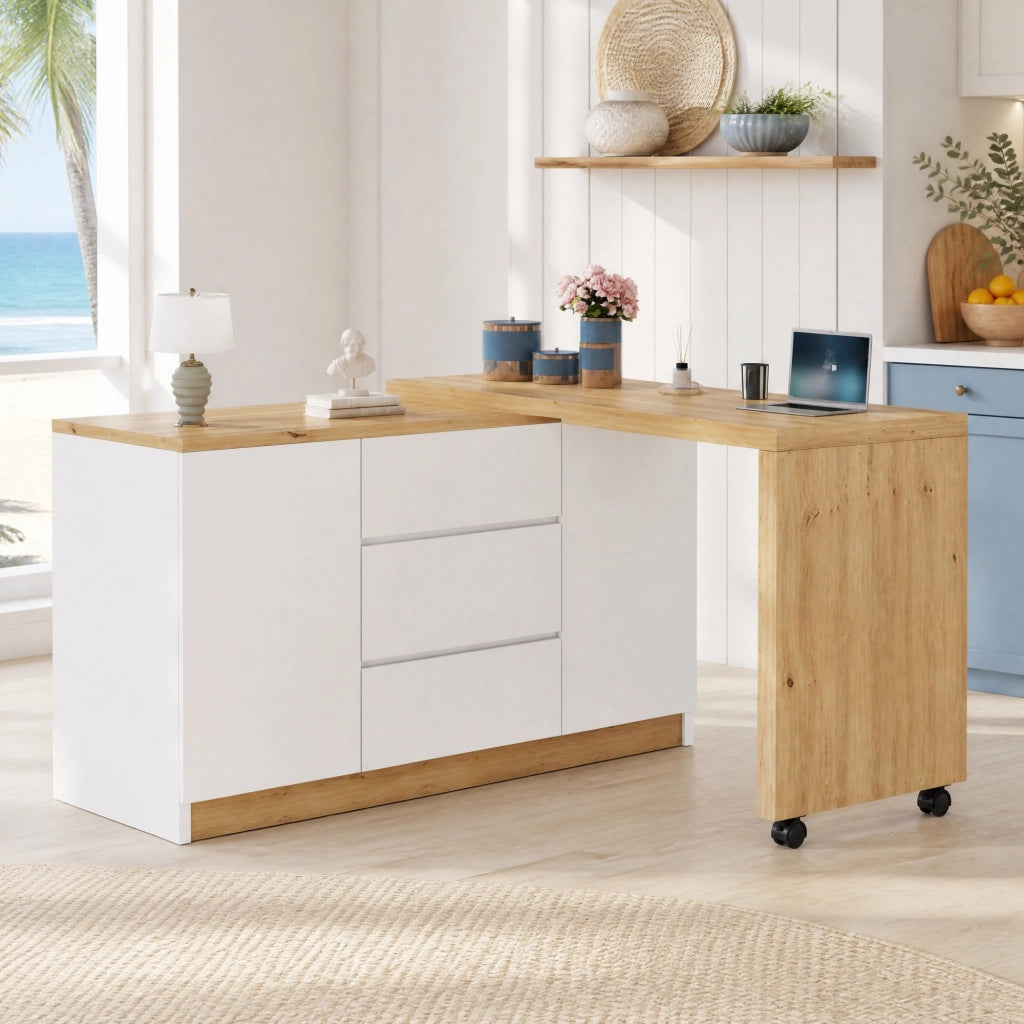 SCRIVANIA pieghevole girevole 120x50x76,5 cm Bianco/Quercia con rotelle