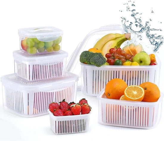 Contenitori di conservazione alimentare Frutta Verdura con coperchio Filtro, set di 5, 5,8 L + 3,8 L + 2,3 L + 1,3 L + 0,7 L BPA libero, contenitori di conservazione alimentare ben separabili, organizzatore del frigorifero