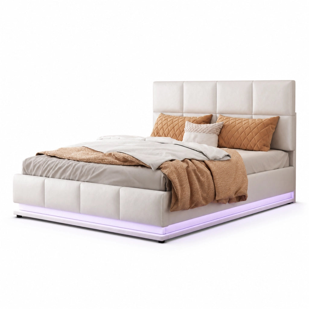 Letto imbottito 140x200 cm con LED e contenitore idraulico in MDF; metallo e pelle