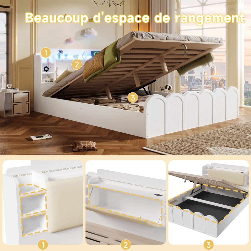 OKWISH Letto Contenitore 140×200 cm, Letto Matrimoniale con Box Idraulico, USB, Type C, LED Regolabile e Ripiani, senza Materasso, Bianco