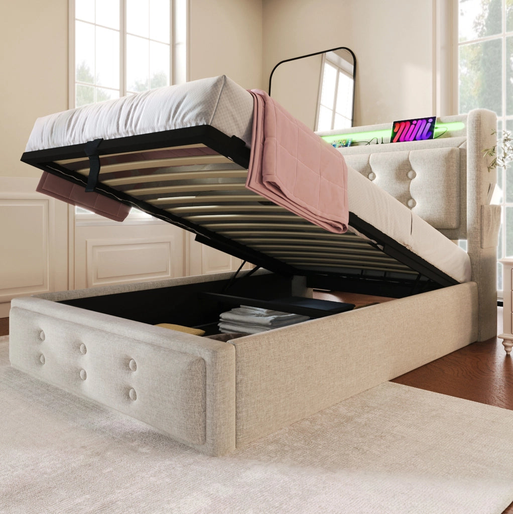 Letto singolo 90x200 beige con LED, USB-C e materasso