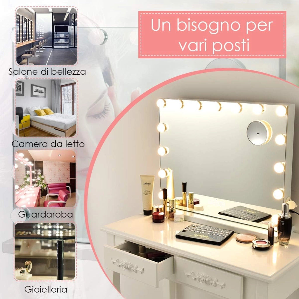 Specchio per Trucco Illuminato con 15 Lampadine Luci LED, Specchio da Toeletta Controllo Touch, per Scrivania Muro, 3 Modalità di Colore, con Altoparlante Bluetooth USB, 58x48 cm