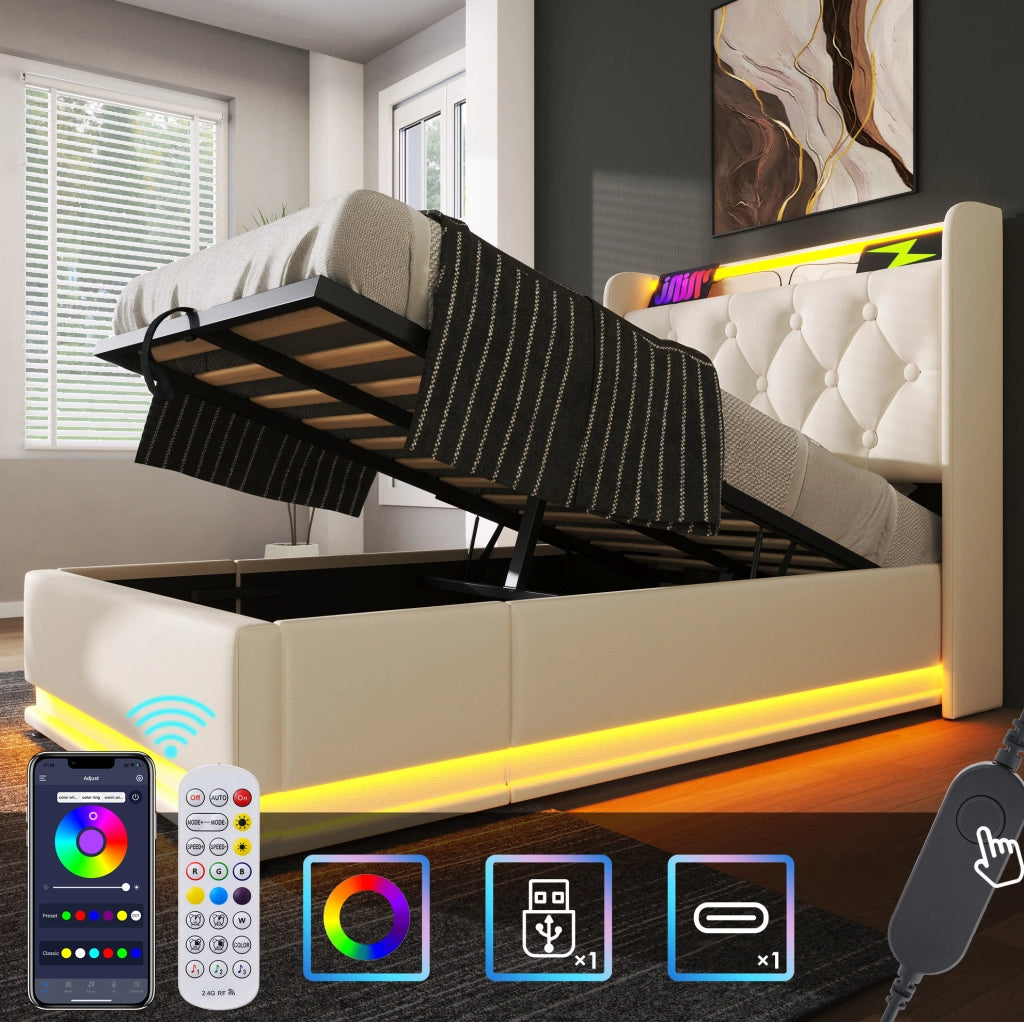 Letto singolo ULEVR 90x200 cm contenitore idraulico con LED 360¡ã, USB e Type-C, PU bianco