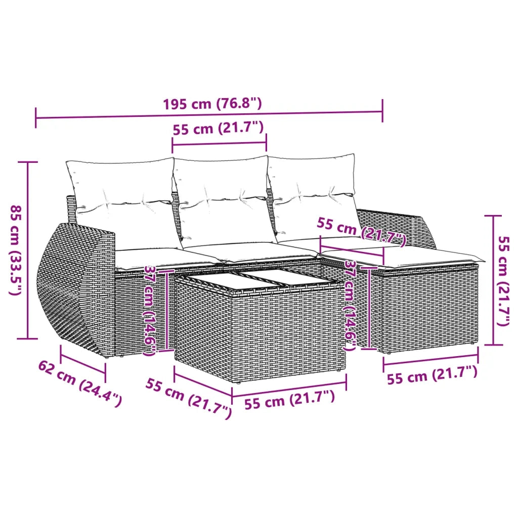 Set Divano da Giardino 5pz con Cuscini Grigio Chiaro Polyrattan
