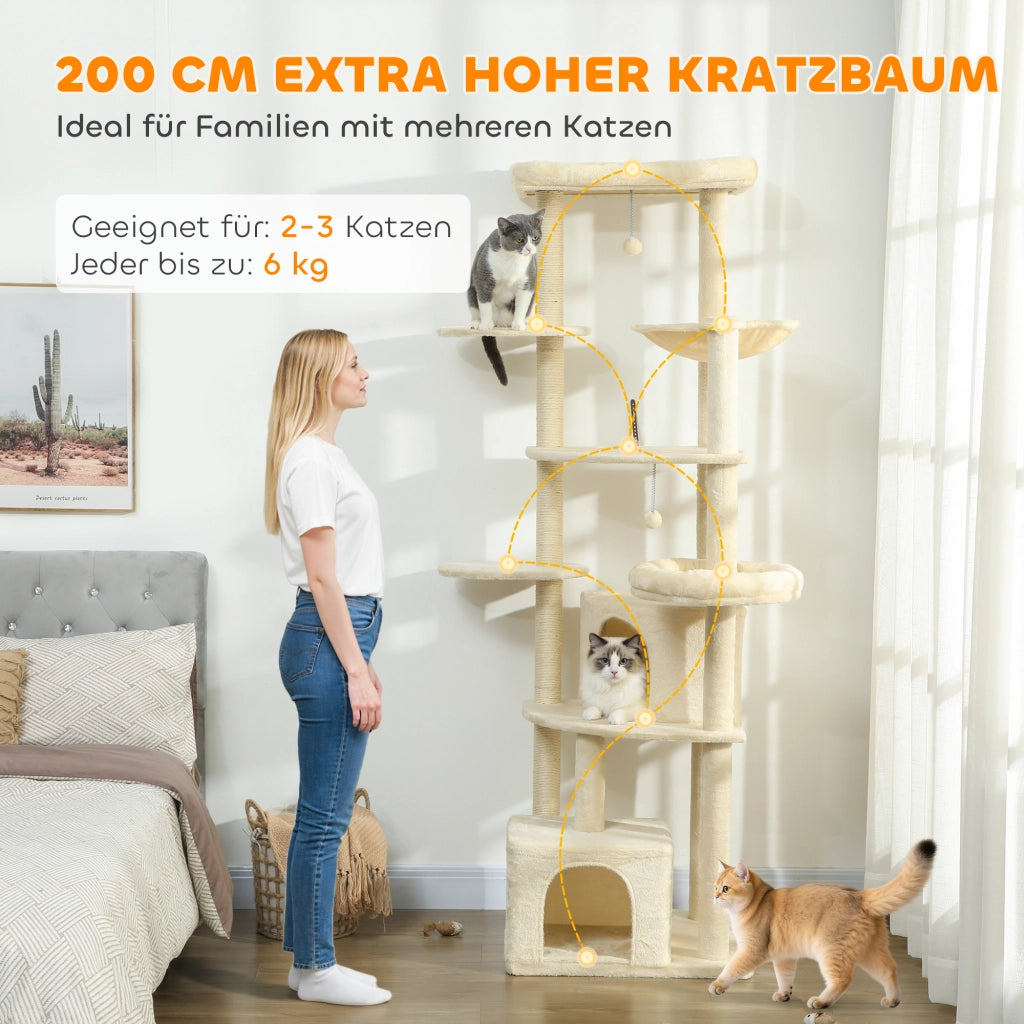 Albero tiragraffi per gatti 2 metri ¨C zephmum ¨C beige, legno, sisal, 2 posti